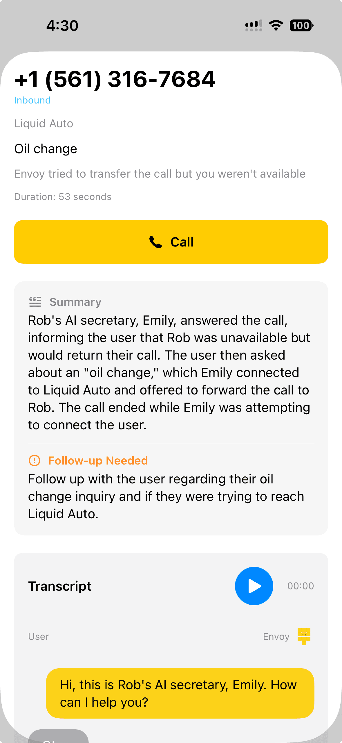 Call summary with follow-up detection